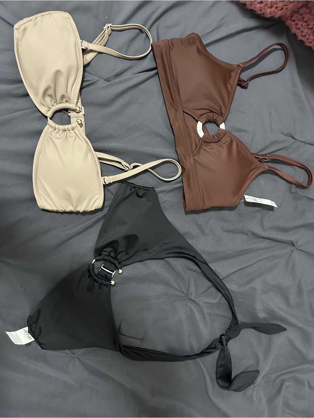 Three-Piece Ring-Detail Bikini Tops Set — Black, Brown & Cream
